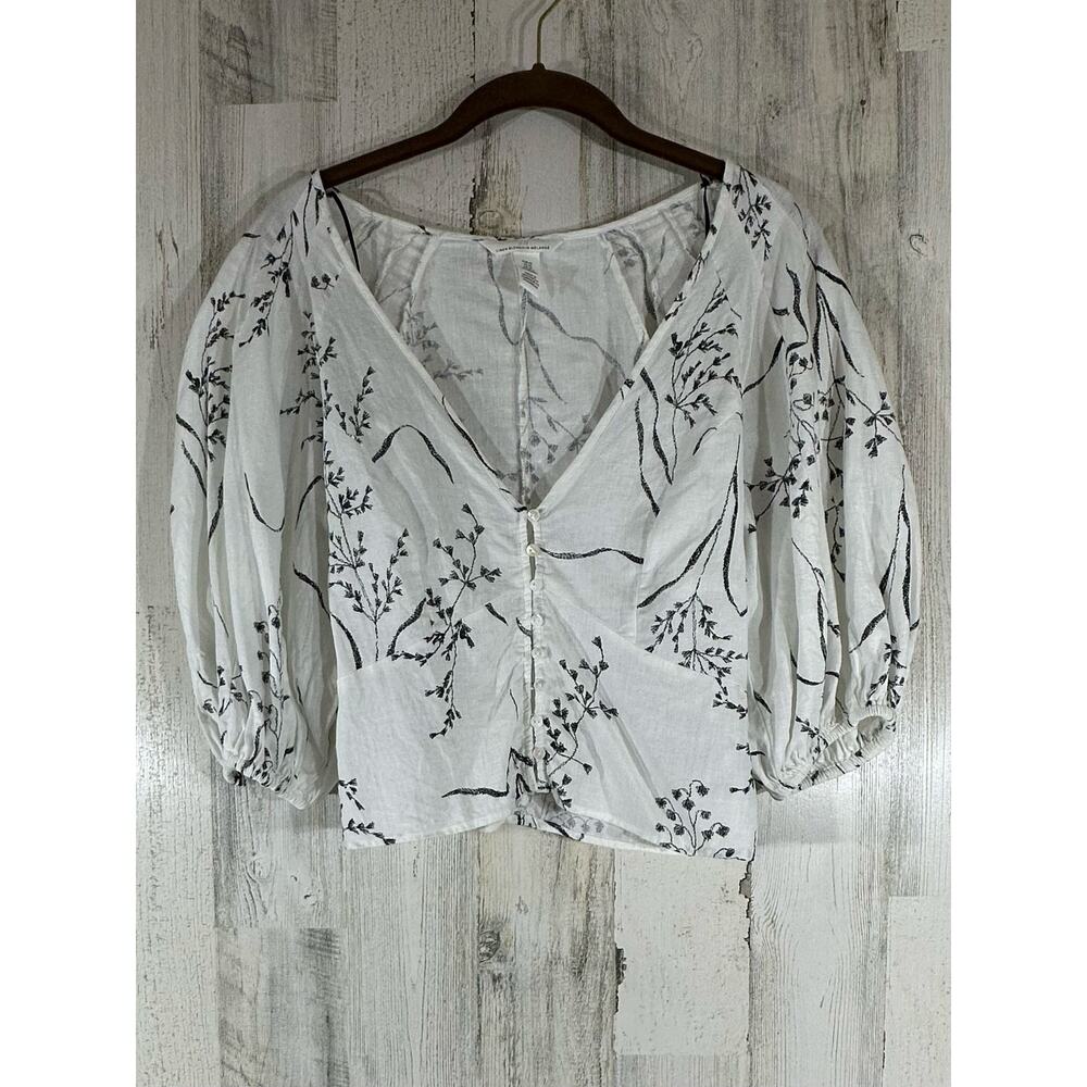H&M Crop Top Size XS White Floral‎ Deep Vneck Balloon Sleeves Linen Blend